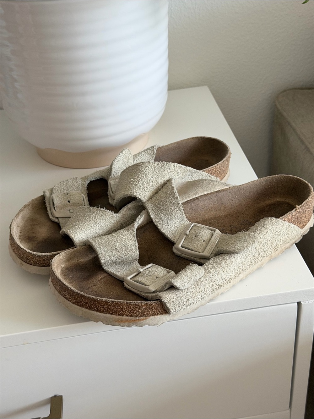 Birkenstock Cream Suede Double Buckle Sandals